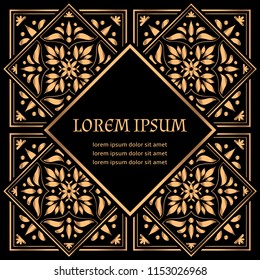 Luxury background vector. Gold black tile royal pattern frame. Ancient design for christmas card, new year party invitation, beauty spa salon flyer, wedding ceremony, eid mubarak, ramadan concept.