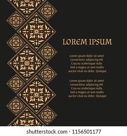 Luxury background vector. Gold black tile royal pattern border. Arabic design for christmas card, new year party invitation, beauty spa salon flyer, wedding ceremony, eid mubarak, ramadan concept.