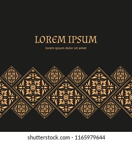 Luxury background vector. Gold black tile royal pattern border. Holiday design for christmas card, new year party invitation, beauty spa salon flyer, wedding ceremony, eid mubarak, ramadan concept.