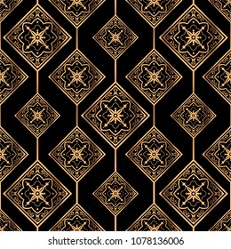 Luxury background vector. Golden royal pattern seamless. Retro tile design for beauty spa, wedding ceremony, yoga wallpaper, packaging, wrapping paper, christmas and new year backdrop.