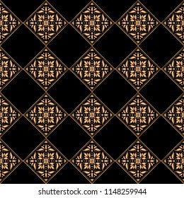 Luxury background vector. Golden tile royal pattern seamless. Festive design for christmas wrapping paper, new year ornaments, beauty spa, wedding ceremony, yoga wallpaper, packaging, backdrop.
