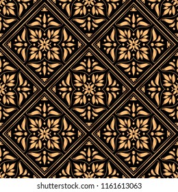 Luxury background vector. Golden tile royal pattern seamless. Moroccan design for christmas wrapping paper, new year ornaments, beauty spa, wedding ceremony, yoga wallpaper, packaging, backdrop.