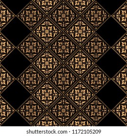 Luxury background vector. Golden tile royal pattern seamless for christmas or new year party. Gold black design for beauty spa salon, wrapping paper, ornaments, gift packaging, yoga wallpaper.