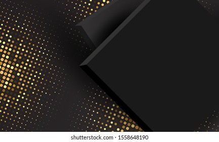 Luxury background, vector illustration. Golden halftone pattern, black geometric 3d shapes, glitter texture, minimalist wallpaper with space for text. Abstract luxury elegant cover graphic design. 