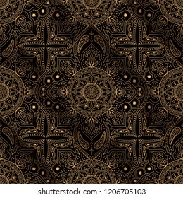 Luxury background vector. Oriental mandala royal pattern seamless. Gold black for Christmas party, new year holiday wrapping paper, yoga wallpaper, beauty spa salon ornament, wedding invitation.