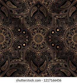 Vector de fondo de lujo. Patrón real de mandala oriental sin fisuras. Paisley para la fiesta de Navidad, papel de envolver para vacaciones de año nuevo, fondo de yoga, adorno del salón de belleza, invitación a la boda.