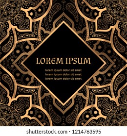 Luxury background vector. Oriental royal pattern card template. Gold black design for Christmas party invitation, New year holiday greeting, beauty spa salon decoration, wedding, save the date.