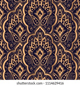 Luxury background vector. Paisley royal pattern seamless. Golden design for yoga wallpaper, beauty spa salon ornament, indian wedding invite party, birthday wrapping paper, christmas holiday gift.