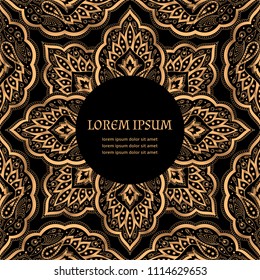 Luxury background vector. Paisley royal pattern frame. Gold black design beauty spa salon, fashion flyer, wedding party invitation, save the date, birthday greeting, new year holiday card template.