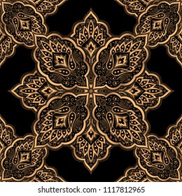 Luxury background vector. Paisley royal pattern seamless. Gold black mandala design for yoga wallpaper, beauty spa salon ornament, indian wedding invite party, birthday wrapping paper, holiday gift.
