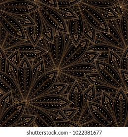 Luxury background vector. Peacock feathers royal pattern seamless. Gold black oriental design for yoga wallpaper, beauty spa salon ornament, bridal shower, indian wedding party, holiday christmas.