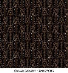 Luxury background vector. Peacock feathers scale royal pattern seamless. Gold black art deco design for yoga wallpaper, beauty spa salon, bridal shower, indian wedding party, holiday christmas card.