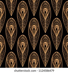 Luxury background vector. Peacock feathers royal pattern seamless. Golden vintage ornament design for yoga wallpaper, beauty spa salon, indian wedding, holiday christmas gift, birthday wrapping paper.