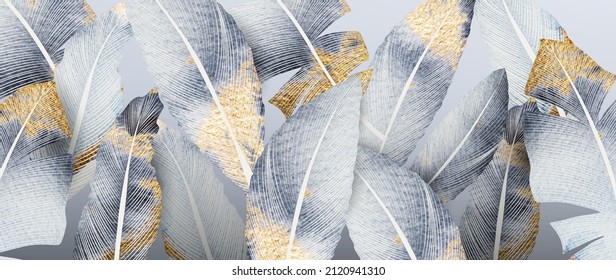Luxury background with watercolor feathers in line art with gold decor. Pattern in blue tones for the design of invitations, packaging, weddings