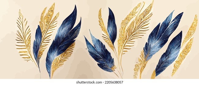 luxury background with watercolor feathers in line art