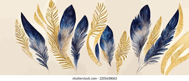 luxury background with watercolor feathers in line art