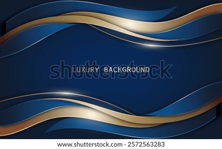 Luxury background with wave ribbons in blue and gold layered on a dark blue background.  Vector Illustration