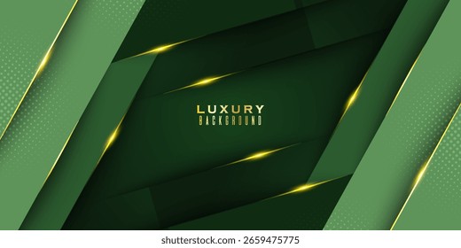 Fondo de lujo wit3D fondo abstracto de lujo verde superposición de capas en el espacio oscuro con líneas doradas efecto decoration.and efecto de luz curva con bokeh Elementos Ilustración vectorial eps10