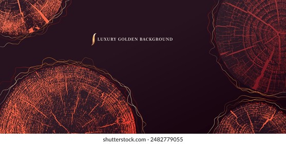 Fondo de lujo con textura de anillos anuales de madera. Anuncio dorado con diseño de anillo de árbol. Sello dorado de tronco de árbol en la sección. Círculos concéntricos de madera concepto natural. Fondo de bronce brillante de Vector.