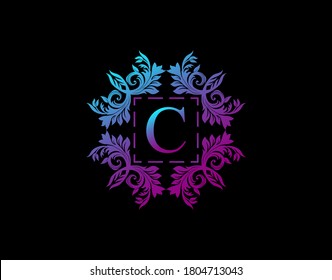 Luxury Badge C Letter Logo. Elegant calligraphic vintage emblem with beautiful classy floral ornament. Vintage Heraldic Frame design Vector illustration.