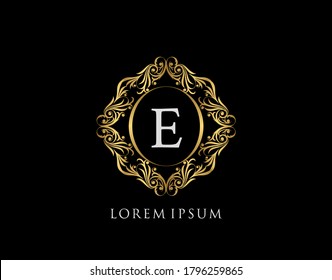 Luxury Badge E Letter Logo. Luxury gold calligraphic vintage emblem with beautiful classy floral ornament. Elegant Frame design Vector illustration.