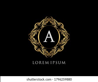 Luxury Badge A Letter Logo. Luxury gold calligraphic vintage emblem with beautiful classy floral ornament. Elegant Frame design Vector illustration.