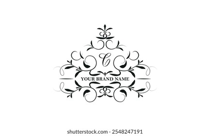 Monograma de lujo del logotipo de la insignia con la ilustración inicial del estilo de C. Decorative para el diseño de la etiqueta engomada y de la etiqueta, cartel, tarjeta de felicitación, emblema del negocio.