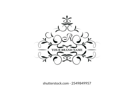 Monograma de lujo del logotipo de la insignia con la ilustración inicial del estilo de R. Decorative para el diseño de la etiqueta engomada y de la etiqueta, cartel, tarjeta de felicitación, emblema del negocio.
