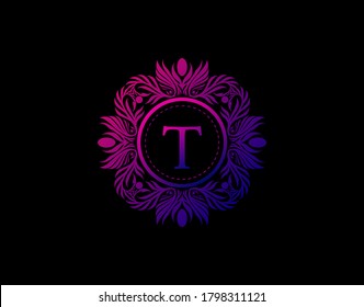 Luxury Badge T Letter Logo. Luxury calligraphic vintage emblem with beautiful classy floral ornament. Vintage Heraldic Frame design Vector illustration.
