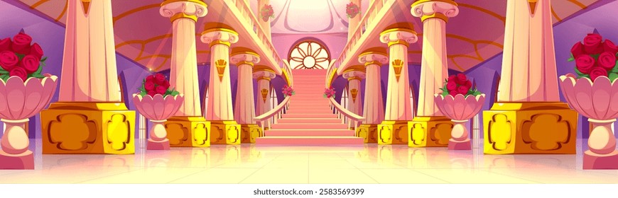 Luxury ballroom interior with marble columns, rose decorations and staircase. Royal palace hall with ornate golden pedestals, floral vases and stained glass window. Grand classical kingdom corridor.