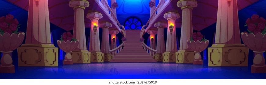 Luxury ballroom interior with marble staircase lit by burning torches at night. Path with columns and rose decorated flower vases, ornate window in mystical palace for fantasy game background.