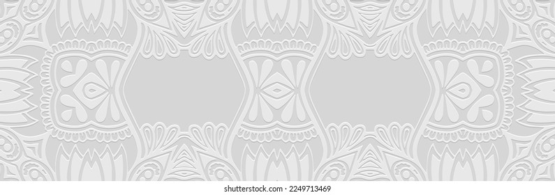 Luxury banner, abstract cover design. Embossed geometric ethnic 3d pattern on a white background, paper press, boho, art deco. Tribal textures of East, Asia, India, Mexico, Aztecs, Peru.