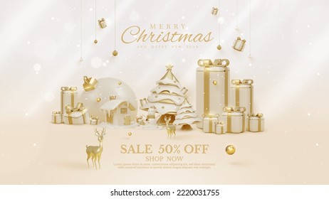 Luxury banner background with 3d realistic christmas ornaments with snow elements and glitter light effect decorations and bokeh. Vector illustration.