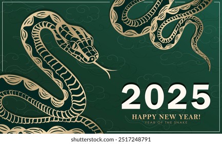 Anuncio de lujo con serpiente de oro en espiral sobre fondo verde con nubes asiáticas y texto - 2025 Feliz año nuevo, felices Navidades. Tarjeta de felicitación del año de la serpiente (horóscopo chino o signo del zodiaco oriental)