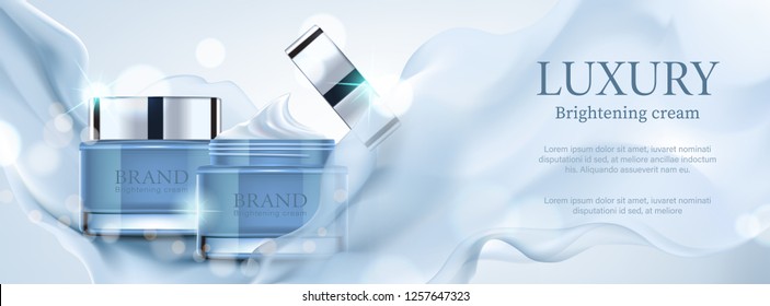 Luxury banner cosmetic ads, exquisite container with purple satin on bokeh background, vector illustration.