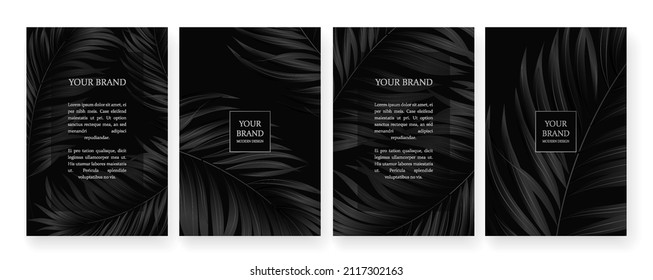 Banner de lujo en colores oscuros,
diseño de cuadro con patrón de hoja tropical. Patrón de fondo premium de lujo para menú, venta de élite, plantilla de invitación de lujo, ​ invitación formal, vale de lujo.