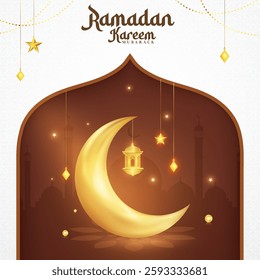 Luxury banner design for Eid mubarak. Realistic Islamic social media post design template with hanging realistic half moon, lantern, star, and mosque. Mosque poster design. 