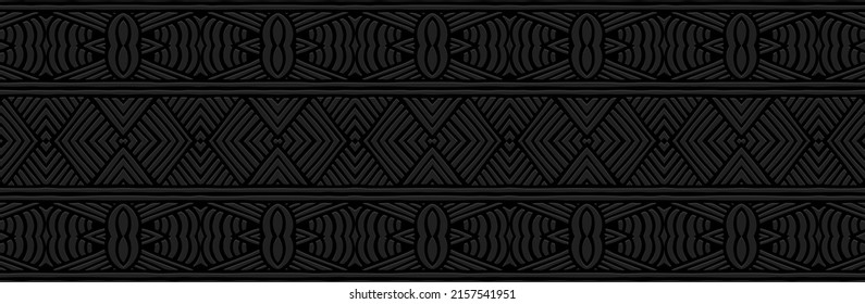 Luxury banner. Dynamic geometric ethnic 3d pattern on black background, art deco relief texture. Vector graphics cover design for business background, magazine layout, brochure, booklet, flyer.