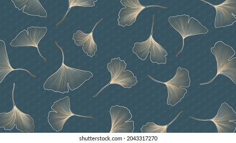 Luxury banner with golden ginkgo leaves on a blue background with a pattern.