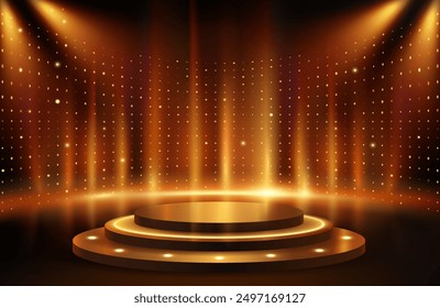 Luxury banner with golden podium. Advertising background with stage and golden light lamps for advertising and product presentation. Marketing and sales promotion. Realistic 3D vector illustration