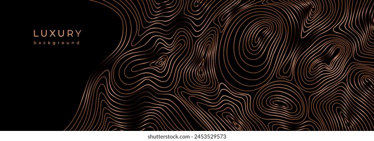 Luxury banner with golden wave pattern. Black background with gold lines. Flowing liquid texture. Bronze curves. Contour of wood trunk rings. Wooden concentric circles pattern. Wood annual rings