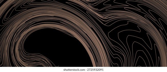 Banner de luxo com padrão de ondas douradas. Fundo preto com linhas douradas. Textura líquida fluida. Curvas de bronze. Contorno de anéis de madeira. Padrão de círculos concêntricos de madeira. Anéis anuais de madeira

