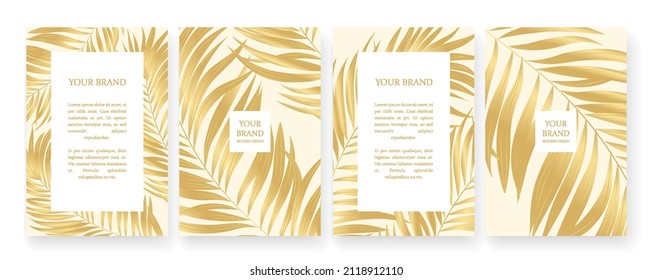 Luxury banner in light colors,
frame design set with gold tropical leaf pattern. Luxury premium background pattern for menu, elite sale, luxe invite template, ​formal invitation, luxury voucher.