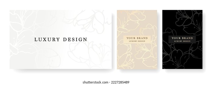 Luxury banner in light colors,
frame design set with gold flower pattern. Trendy vector collection for catalog, luxury voucher, brochure template, magazine layout, beauty.