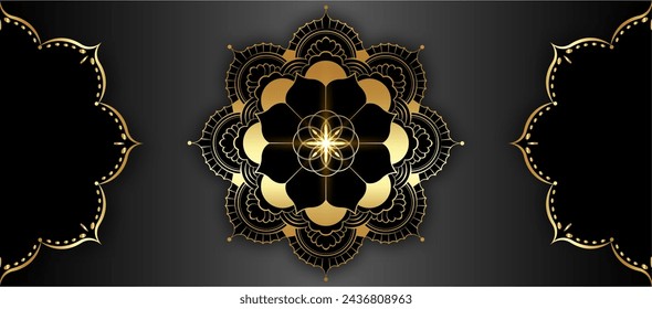Luxury Banner Mandala with beautiful vintage circular pattern of indian. Round gold floral decoration, luxury template vector illustration isolated on black background