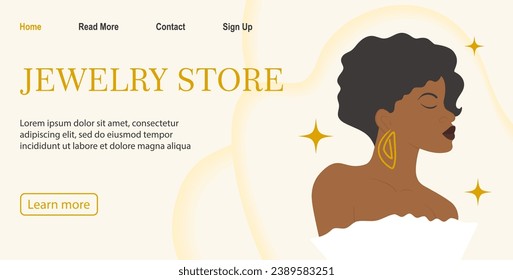 Luxury banner for online jewelry store. Elegant girl with earrings and in a white dress.