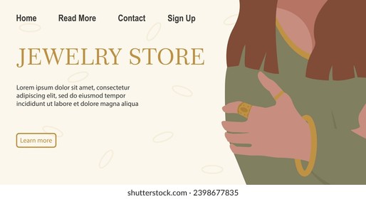 Luxury banner for online jewelry store. Elegant girl with rings and bracelets