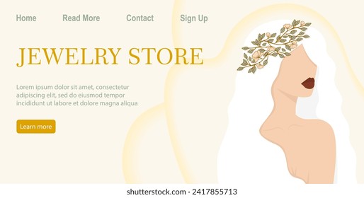 Luxury banner for online jewelry store, bride store. Beautiful young woman in flower wreath.