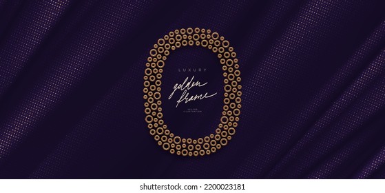 Luxury banner with realistic gold metal frame on fabric background with halftone. Vector illustration.