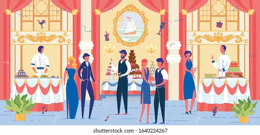 Luxury Banquet Event with Festively Dressed People Cartoon Characters. Solemn Ceremonial Dinner, Wedding or Engagement Party with Catering on Restaurant Hall Background. Flat Vector Illustration.